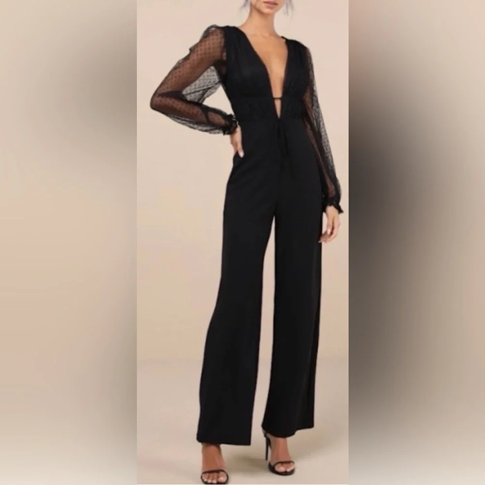 Lulus NWT “Sweet Twist” Black Swiss Dot Tulle Long Sleeve Jumpsuit. Size Small. - Picture 1 of 11